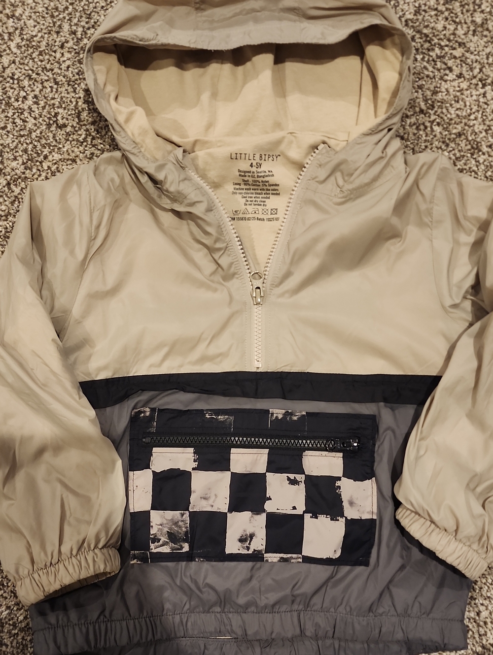 Little Bipsy Beige & Gray Kids Hooded Anorak with Checkered Pocket